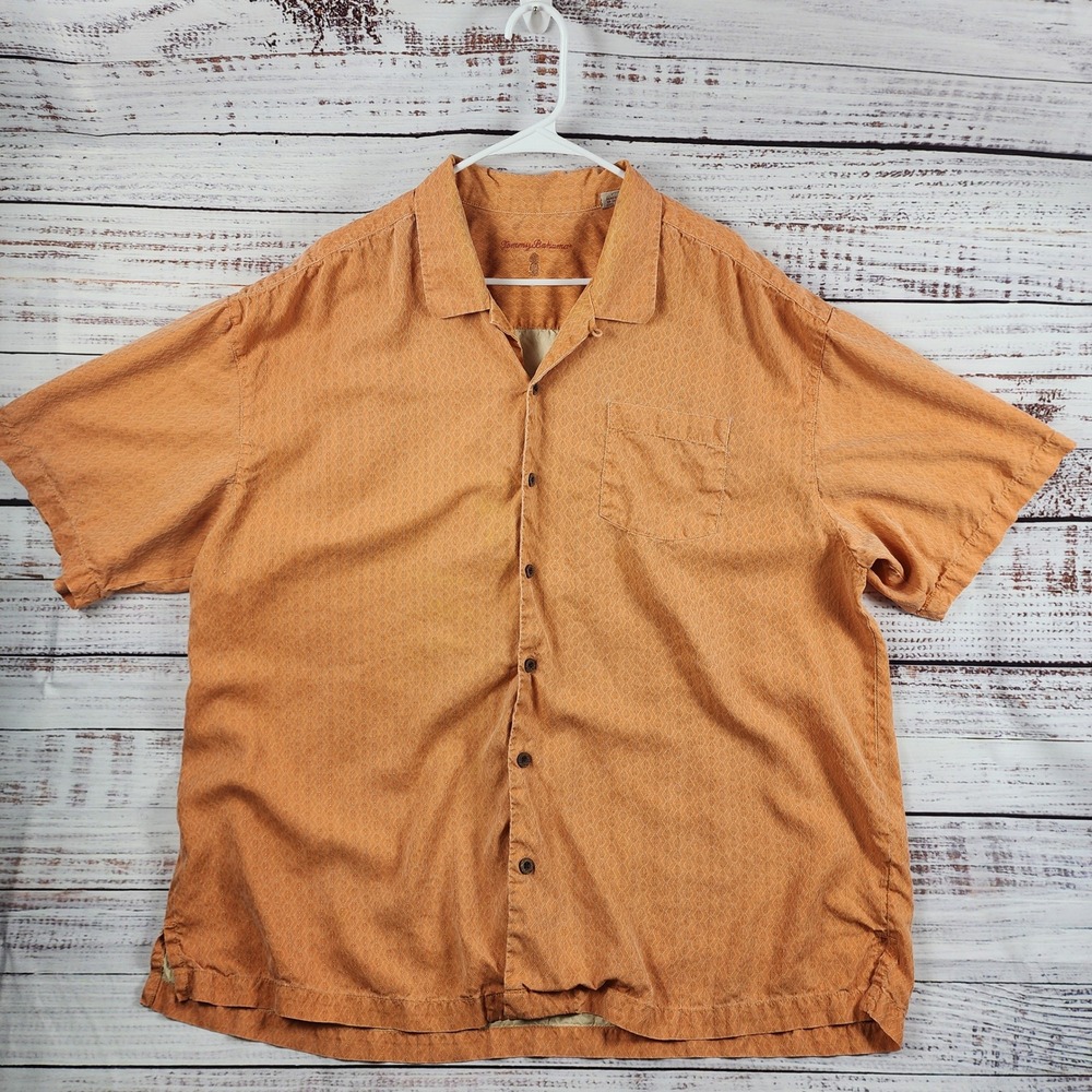 Tommy Bahama Silk Short Sleeve Button Down Shirt XXL Regular Orange Textured